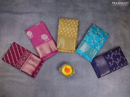Semi dola pack of 5 multi colour and multi design with allover prints and zari woven border