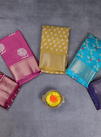 Semi dola pack of 5 multi colour and multi design with allover prints and zari woven border