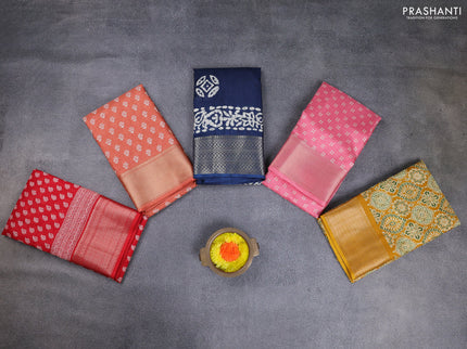 Semi dola pack of 5 multi colour and multi design with allover prints and zari woven border