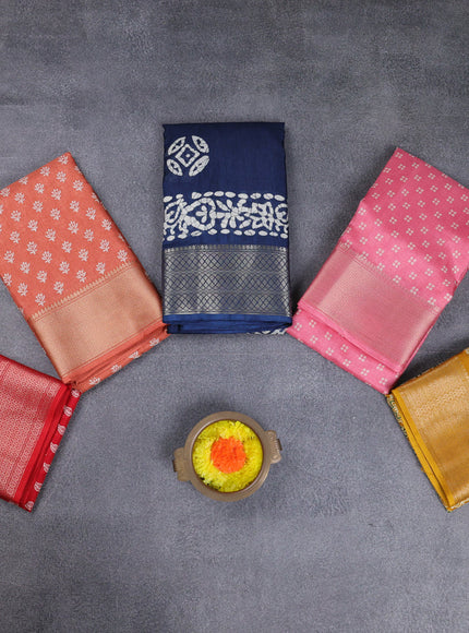 Semi dola pack of 5 multi colour and multi design with allover prints and zari woven border