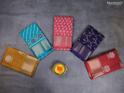 Semi dola pack of 5 multi colour and multi design with allover prints and zari woven border
