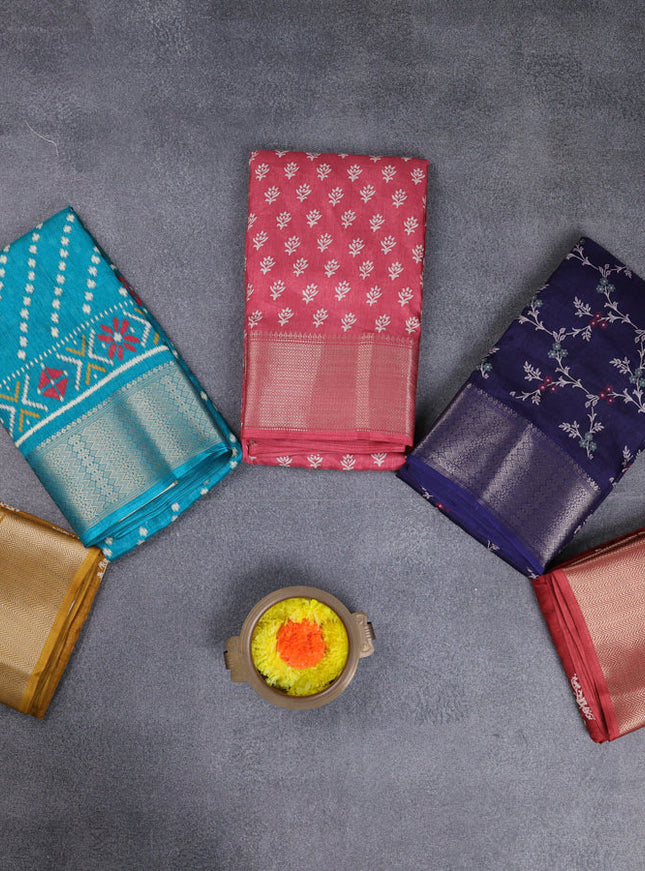 Semi dola pack of 5 multi colour and multi design with allover prints and zari woven border