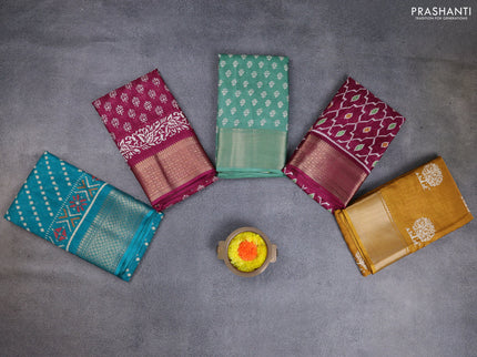 Semi dola pack of 5 multi colour and multi design with allover prints and zari woven border