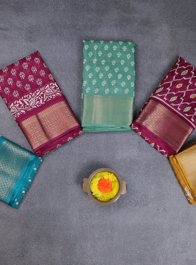 Semi dola pack of 5 multi colour and multi design with allover prints and zari woven border