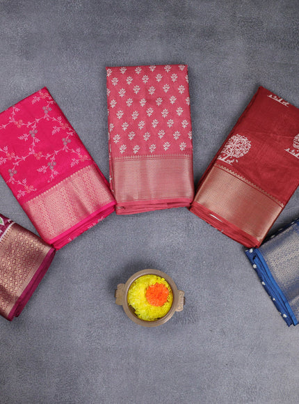 Semi dola pack of 5 multi colour and multi design with allover prints and zari woven border