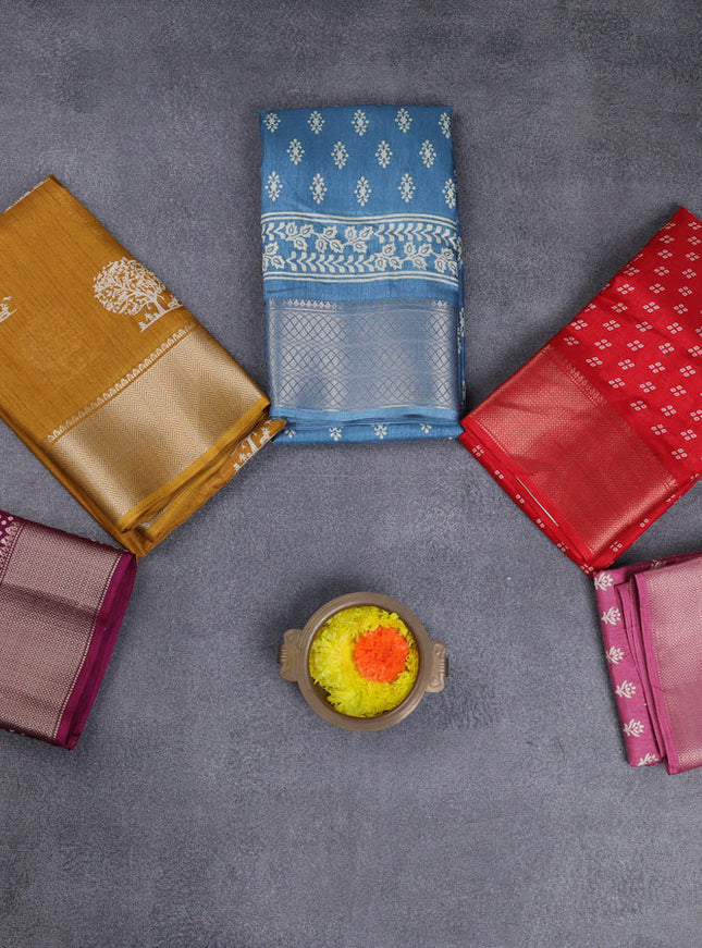 Semi dola pack of 5 multi colour and multi design with allover prints and zari woven border