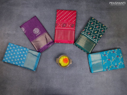 Semi dola pack of 5 multi colour and multi design with allover prints and zari woven border