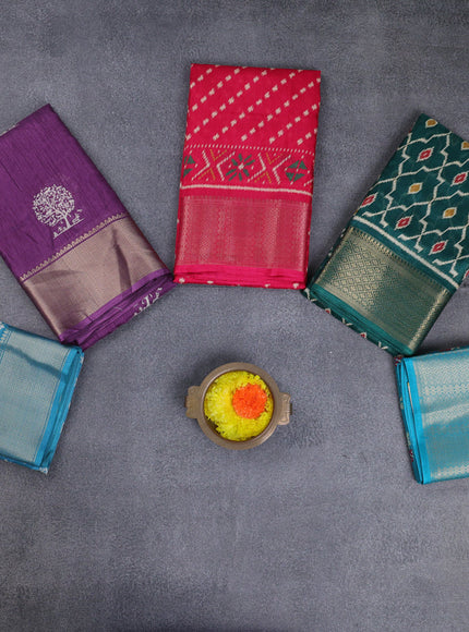 Semi dola pack of 5 multi colour and multi design with allover prints and zari woven border