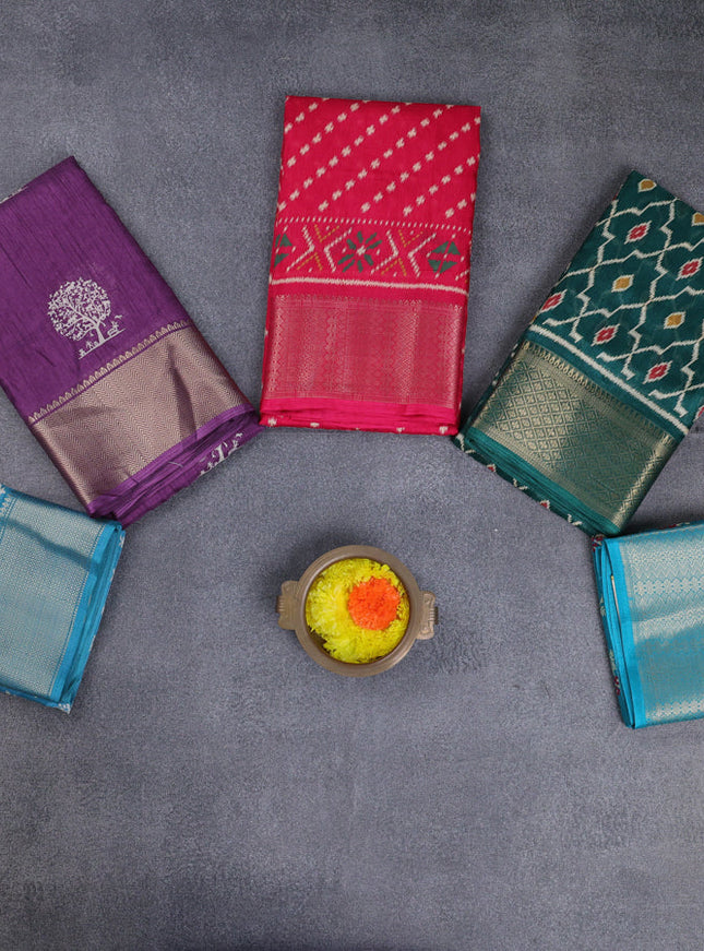 Semi dola pack of 5 multi colour and multi design with allover prints and zari woven border