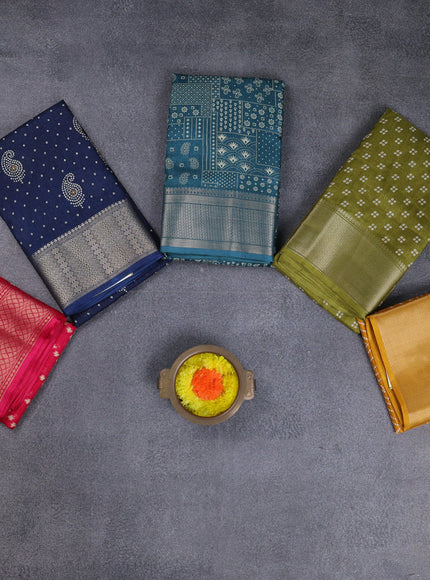 Semi dola pack of 5 multi colour and multi design with allover prints and zari woven border