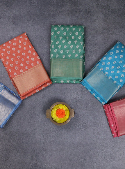 Semi dola pack of 5 multi colour with allover butta prints and zari woven border