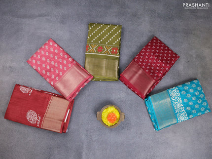 Semi dola pack of 5 multi colour and multi design with allover prints and zari woven border