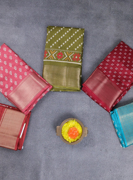 Semi dola pack of 5 multi colour and multi design with allover prints and zari woven border
