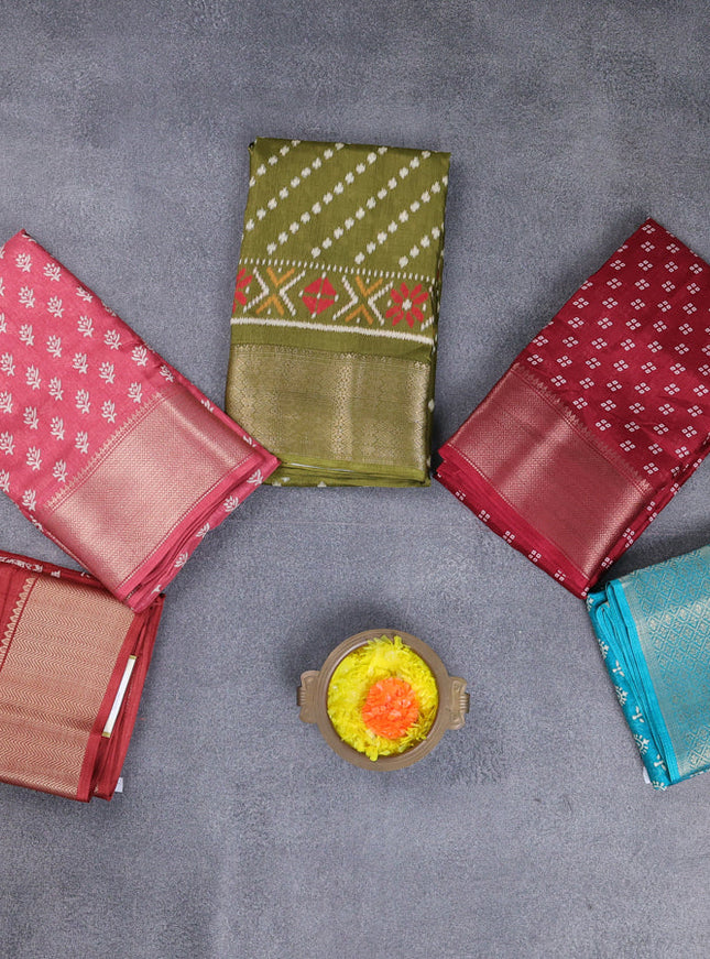Semi dola pack of 5 multi colour and multi design with allover prints and zari woven border