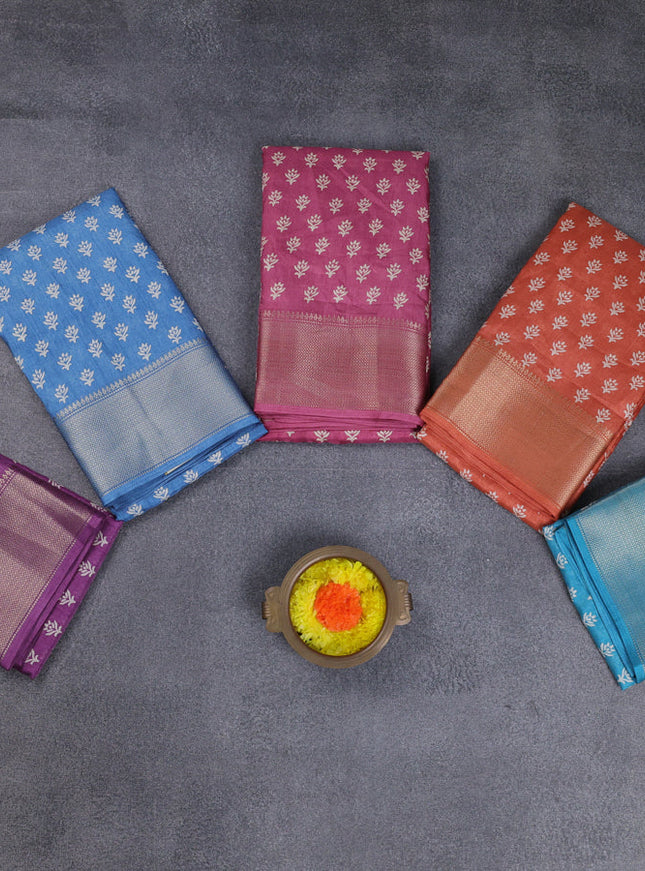 Semi dola pack of 5 multi colour with allover butta prints and zari woven border