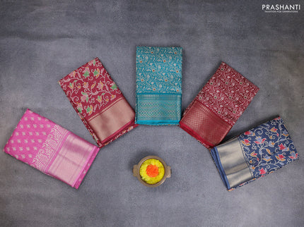 Semi dola pack of 5 multi colour and multi design with allover prints and zari woven border