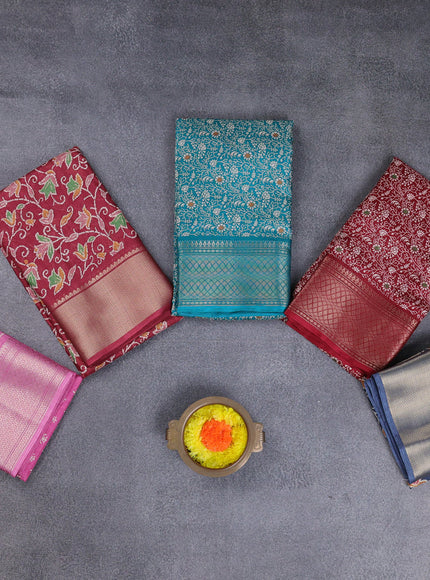 Semi dola pack of 5 multi colour and multi design with allover prints and zari woven border
