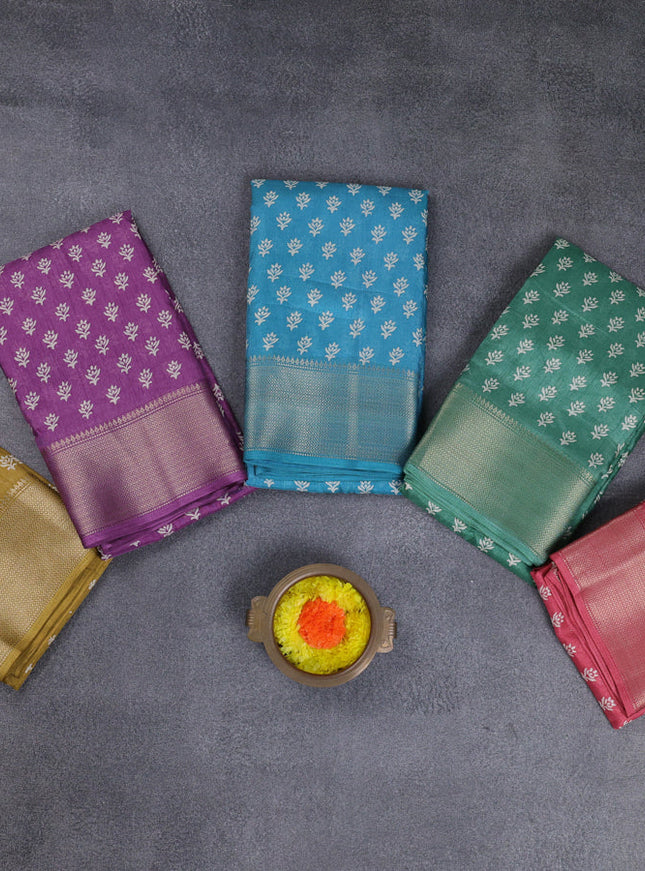 Semi dola pack of 5 multi colour with allover butta prints and zari woven border