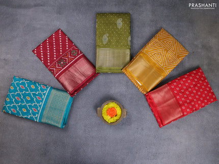 Semi dola pack of 5 multi colour and multi design with allover prints and zari woven border