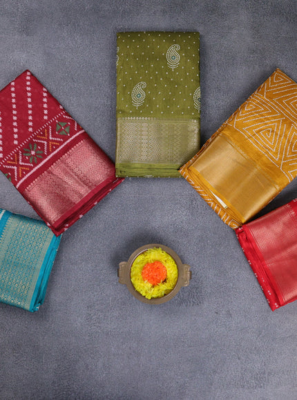 Semi dola pack of 5 multi colour and multi design with allover prints and zari woven border