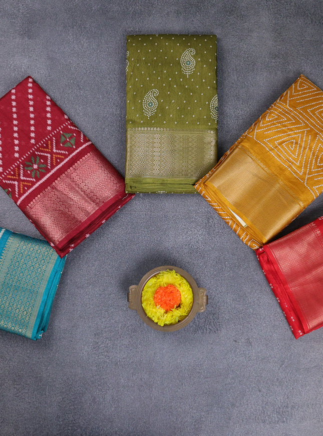 Semi dola pack of 5 multi colour and multi design with allover prints and zari woven border