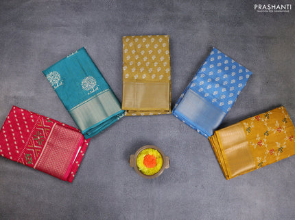 Semi dola pack of 5 multi colour and multi design with allover prints and zari woven border