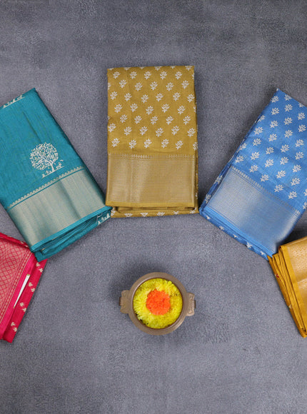 Semi dola pack of 5 multi colour and multi design with allover prints and zari woven border