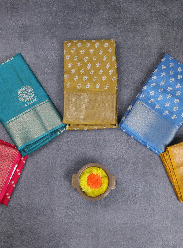 Semi dola pack of 5 multi colour and multi design with allover prints and zari woven border