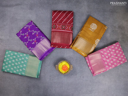 Semi dola pack of 5 multi colour and multi design with allover prints and zari woven border