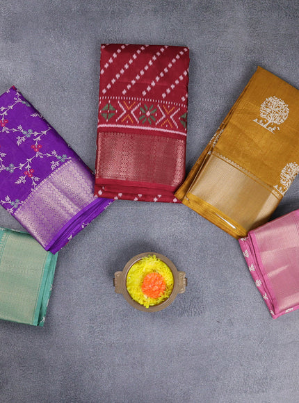 Semi dola pack of 5 multi colour and multi design with allover prints and zari woven border