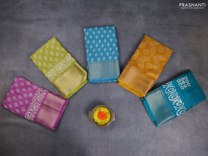 Semi dola pack of 5 multi colour and multi design with allover prints and zari woven border