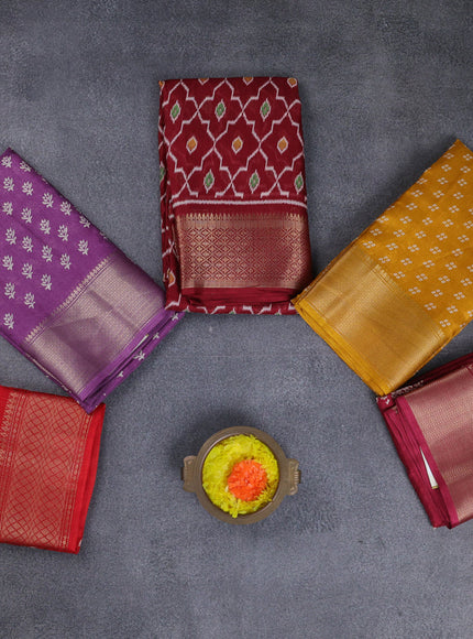 Semi dola pack of 5 multi colour and multi design with allover prints and zari woven border