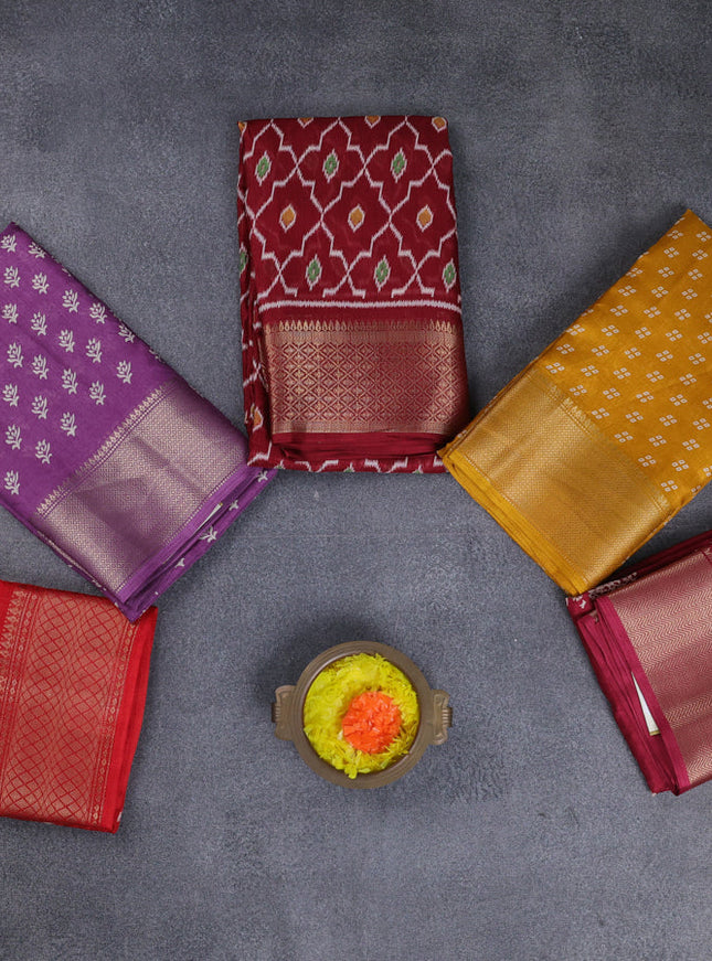 Semi dola pack of 5 multi colour and multi design with allover prints and zari woven border
