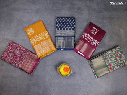 Semi dola pack of 5 multi colour and multi design with allover prints and zari woven border