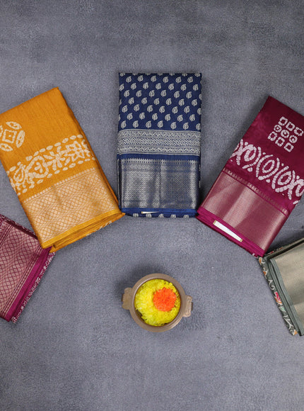 Semi dola pack of 5 multi colour and multi design with allover prints and zari woven border
