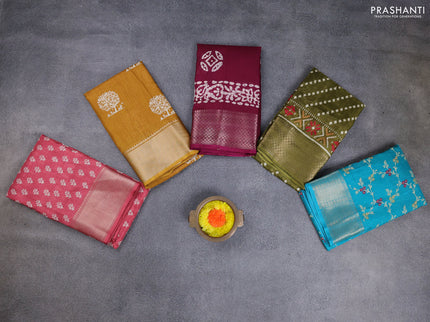 Semi dola pack of 5 multi colour and multi design with allover prints and zari woven border