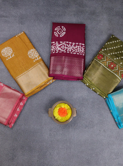 Semi dola pack of 5 multi colour and multi design with allover prints and zari woven border