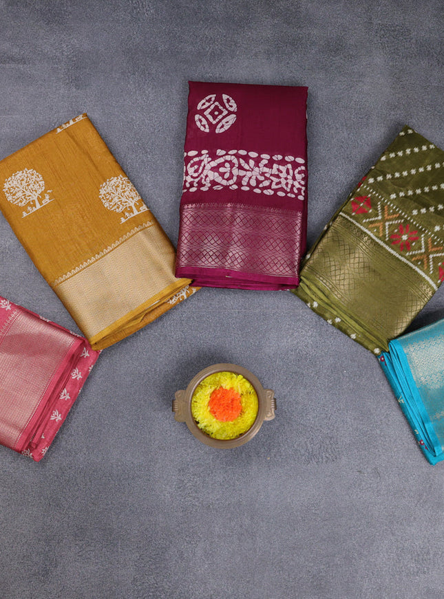Semi dola pack of 5 multi colour and multi design with allover prints and zari woven border