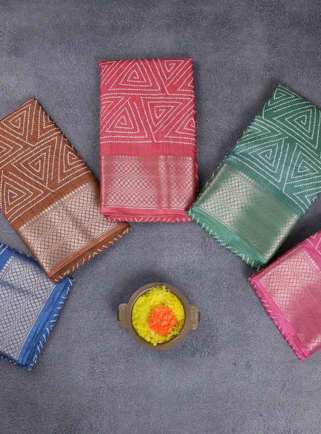 Semi dola pack of 5 multi colour with allover geometric prints and zari woven border