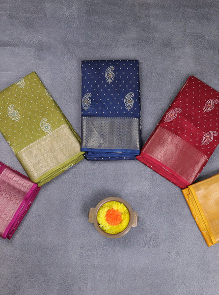 Semi dola pack of 5 multi colour with allover bandhani butta prints and zari woven border