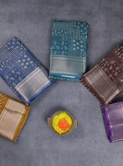 Semi dola pack of 5 multi colour with allover prints and zari woven border