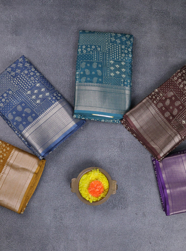Semi dola pack of 5 multi colour with allover prints and zari woven border