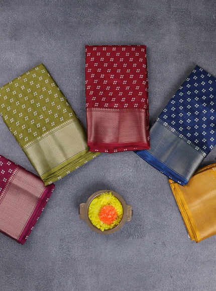 Semi dola pack of 5 multi colour with allover bandhani butta prints and zari woven border