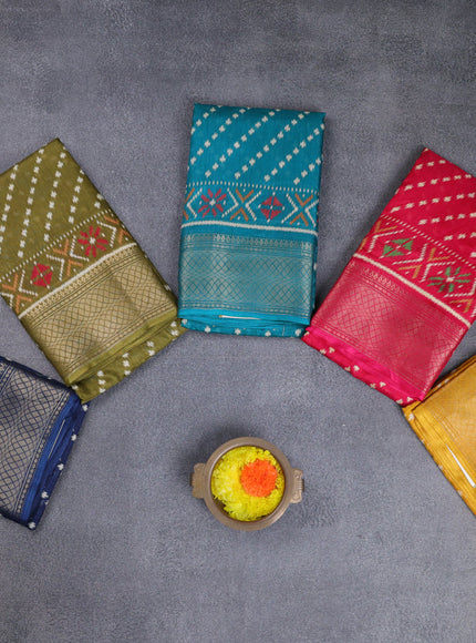 Semi dola pack of 5 multi colour with allover ikat prints and zari woven border