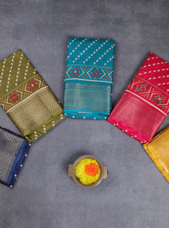 Semi dola pack of 5 multi colour with allover ikat prints and zari woven border