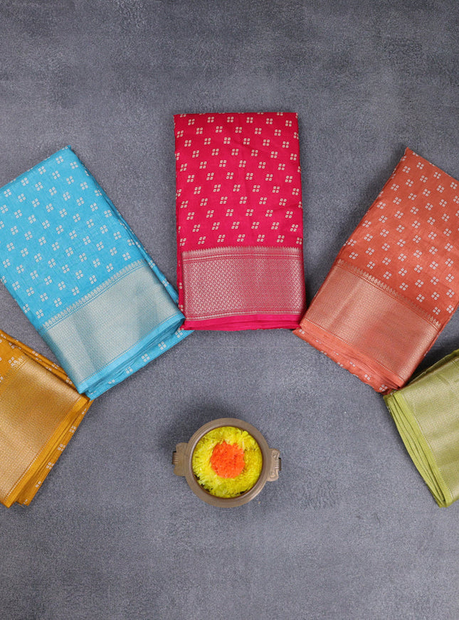 Semi dola pack of 5 multi colour with allover bandhani butta prints and zari woven border