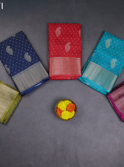 Semi dola pack of 5 multi colour with allover bandhani butta prints and zari woven border