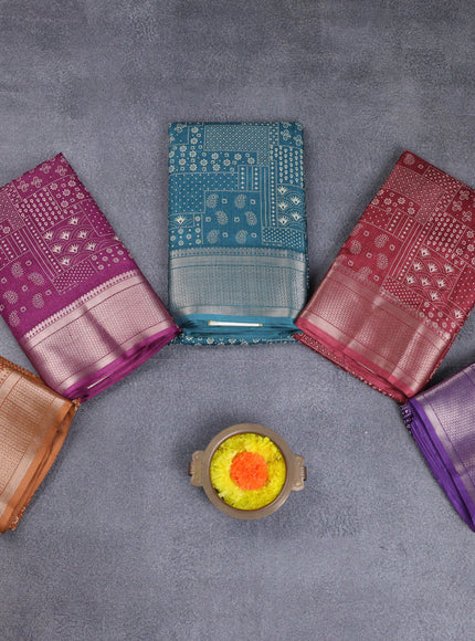 Semi dola pack of 5 multi colour with allover prints and zari woven border