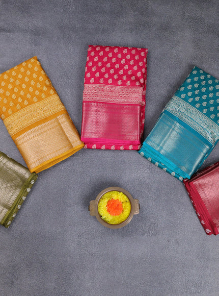 Semi dola pack of 5 multi colour with allover butta prints and zari woven border