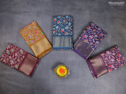 Semi dola pack of 5 multi colour with allover prints and zari woven border